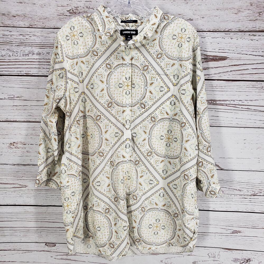 Lands End Women's Paisley Non Iron Supima Cotton Button Front Top Size 16